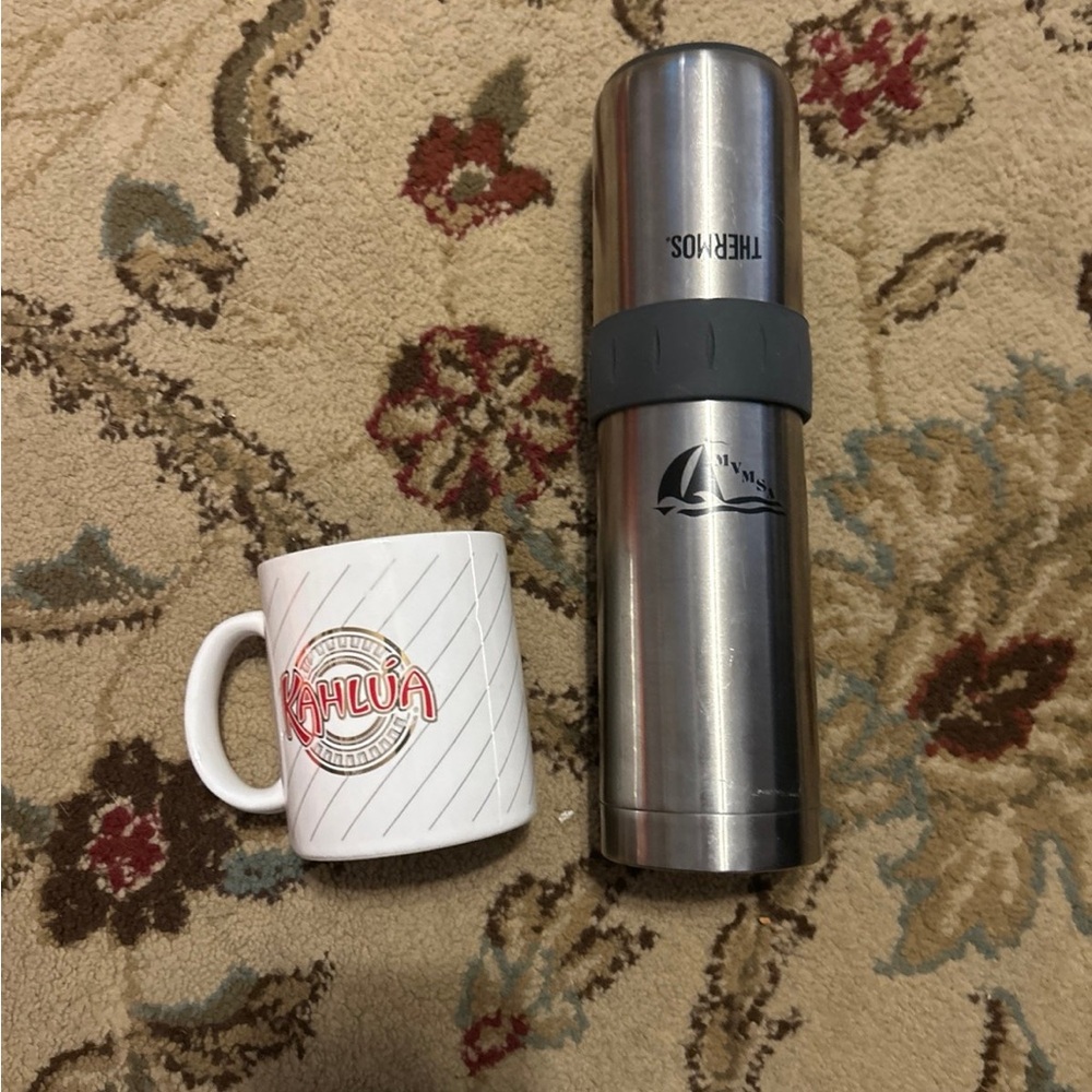 Thermos Silver Flask, and added drink cup with Kahlua Mug